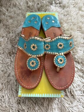 Jack Rogers Turquoise and Gold Leather Sandals. Sz 8 M